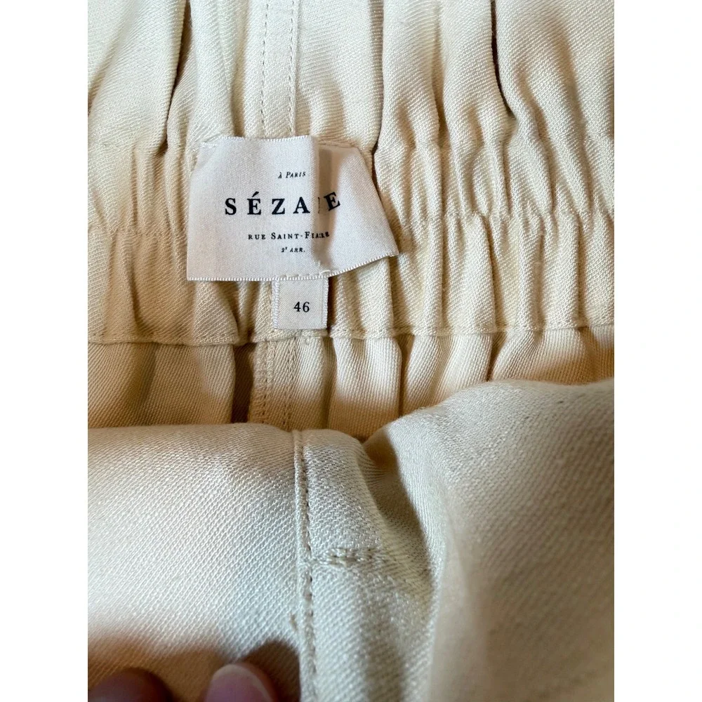 Sezane Silas Cream Linen Blend Paperbag Waist Wide Leg Trousers Pants Ecru Sz 46